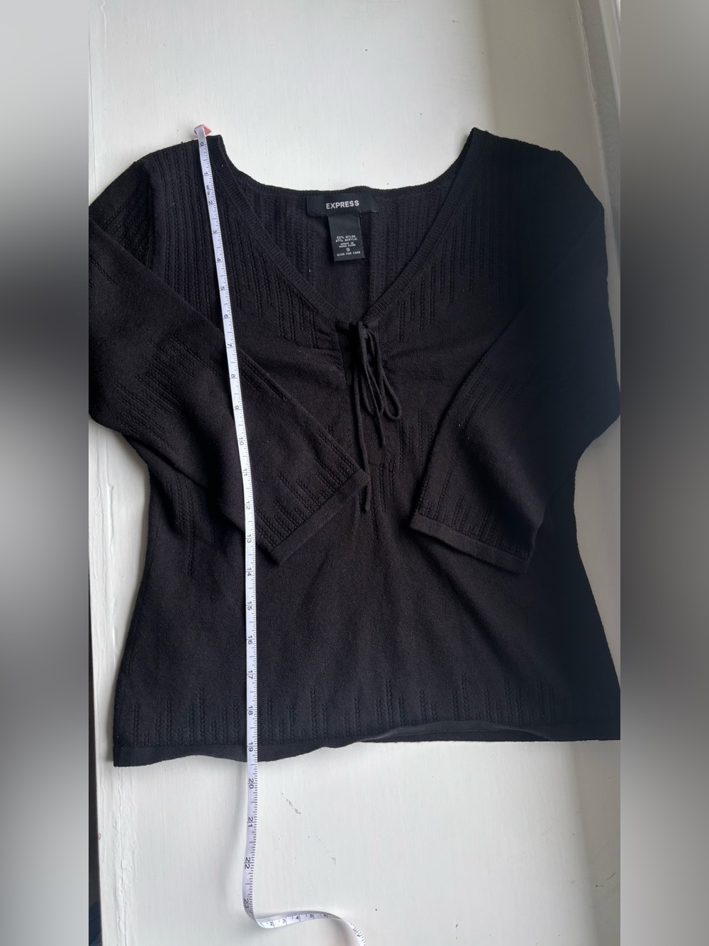 Express Black V-Neck Tie-Front Knit Textured Top stretch 3/4 sleeves Small - Picture 11 of 12